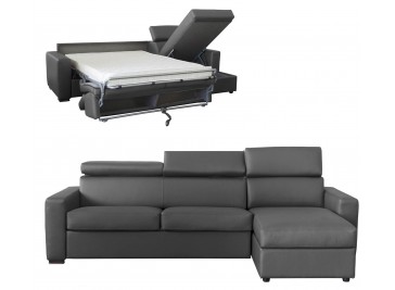 Canapé angle convertible 4 places lit 120 cm cuir gris anthracite - Daniel