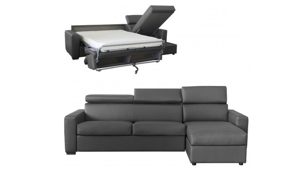 Canapé angle convertible 4 places lit 120 cm cuir gris anthracite - Daniel