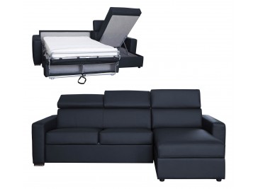 Canapé angle convertible cuir noir 4 places lit 120 cm - Daniel