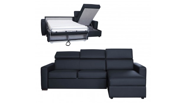 Canapé angle convertible cuir noir 4 places lit 120 cm - Daniel